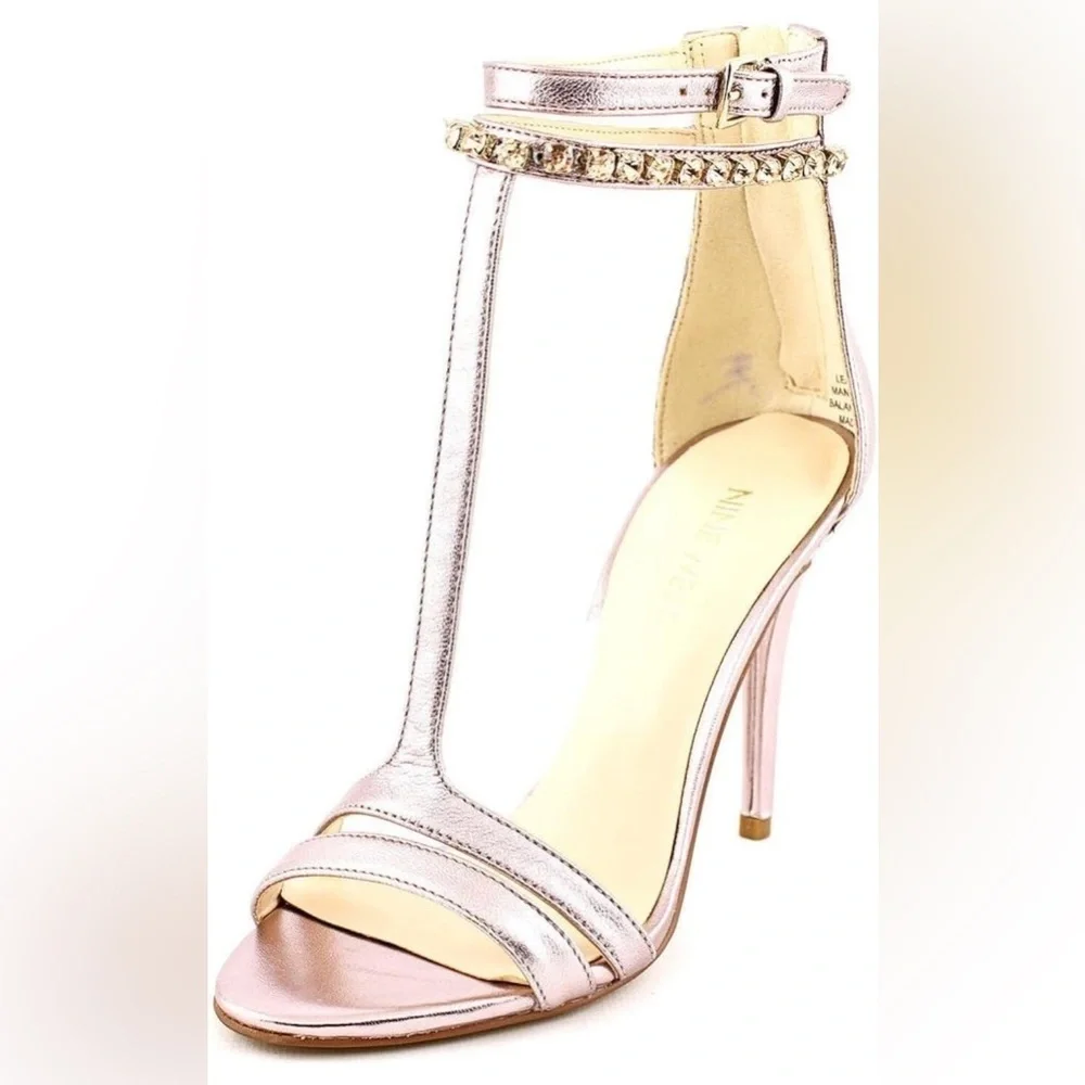Nine West Women's Dana Metallic Leather Heeled Sandal Pewter 9